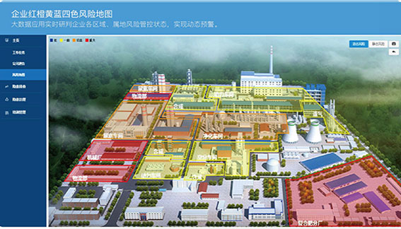 企業(yè)風(fēng)險分級四色分布圖，動態(tài)展現(xiàn)風(fēng)險管控結(jié)果，安全隱患實時提醒，風(fēng)險管控狀況及時預(yù)警。
